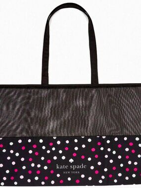 S Kate Spade Black Mesh Tote with White Pink Purple Polka Dot 25" x 15"